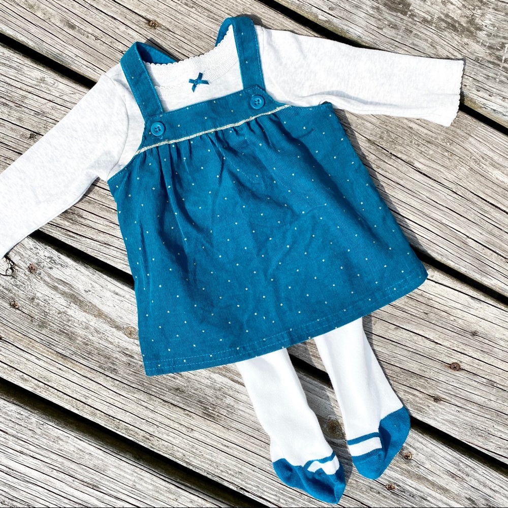 Green Newborn  Gold Polka Dot Overall Dress Long Sleeve Outfit Tights